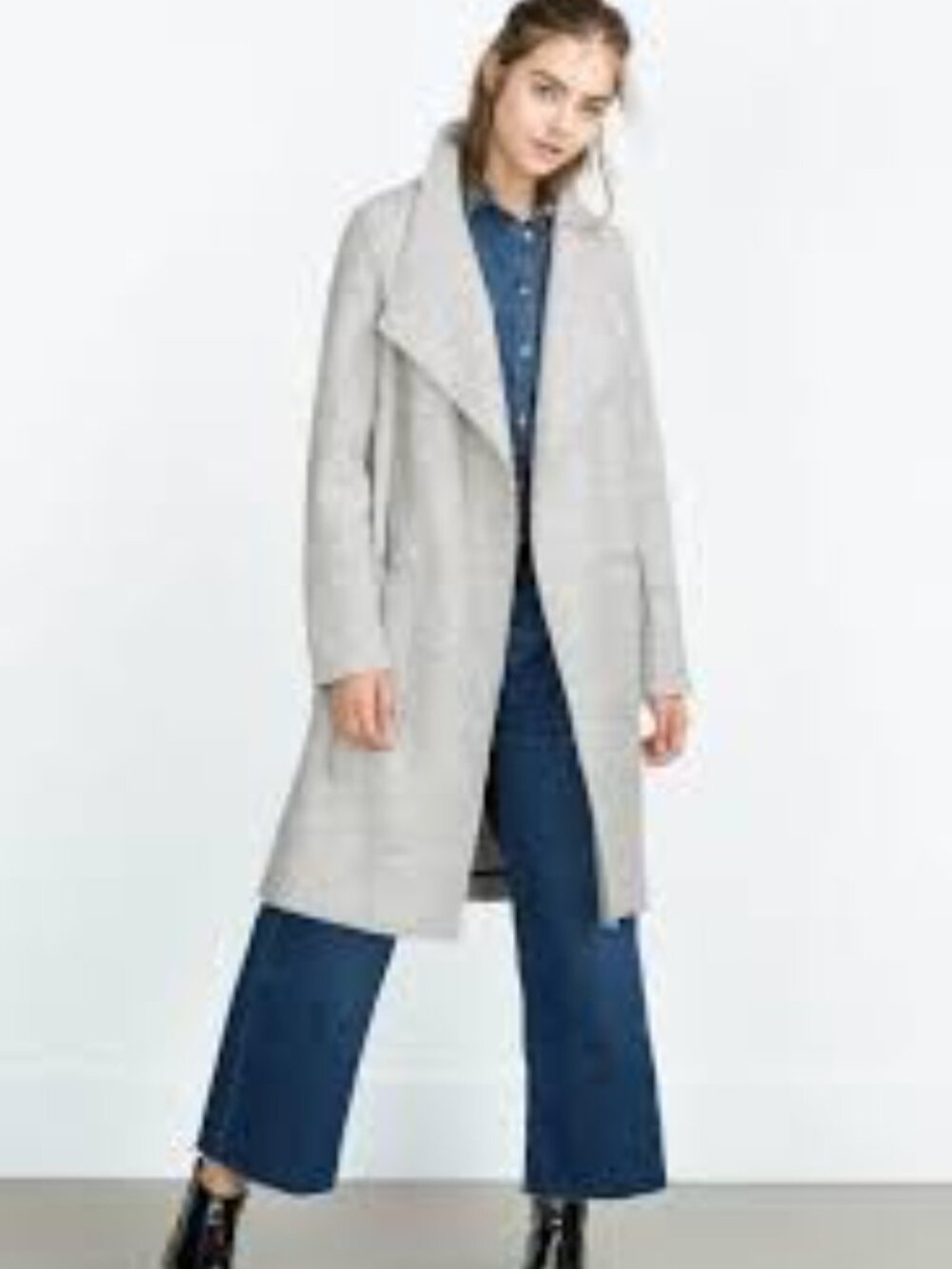 Zara Size M Light Gray Open Front Wool Blend Coat Shawl Collar